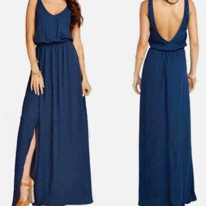 Show Me Your MuMu Deep Blue Maxi Dress V-Neck Backless Slit Skirt Casual XSmall